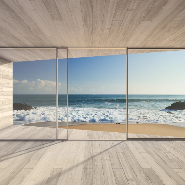 Fototapeta 3D okno Morze Plaża Taras na wymiar PRESTIGE